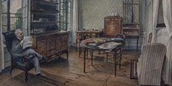 afbeelding van interieur in kasteel met lezende man